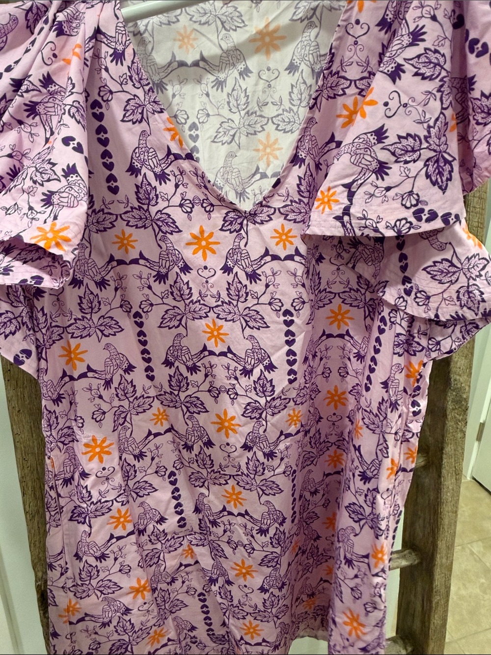 Oliphant Lilac Floral Ruffle V-Neck Dress with Orange Accents, Size L - Picture 3 of 4